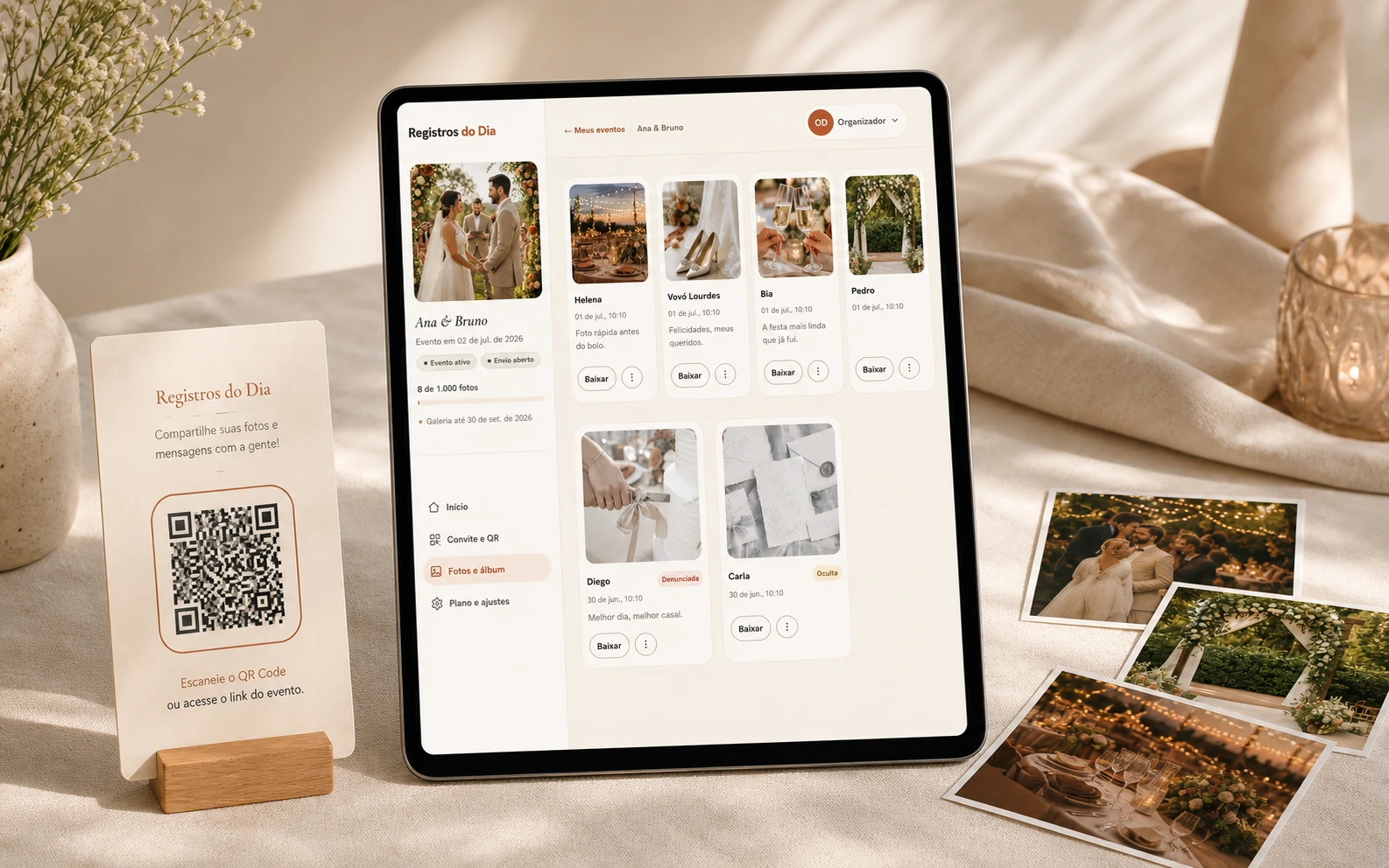 Galeria de fotos de casamento com celular, QR Code e fotos impressas