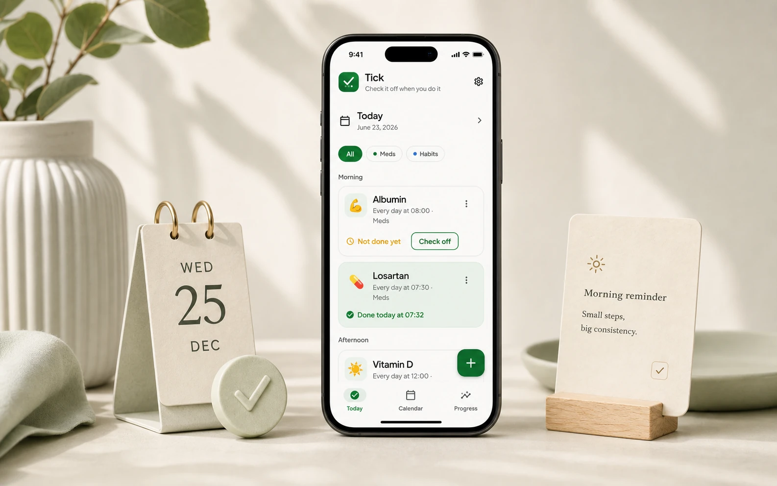 Aplicativo Tick mostrando rotina diária de medicamentos e hábitos